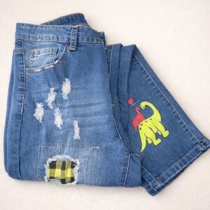 Mamasaurus Plaid Patch Distressed Jeans Neon Green Dino Denim Size Medium